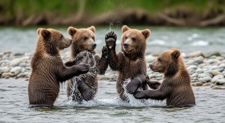 Obraz premium Four playful bear cubs splashing in a shallow river