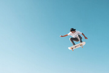 Dynamic action shot of a skateboarder midair against a bright, clear blue sky. Captures freedom, youth, and athleticism. Ideal for sports, lifestyle, and youthfocused campaigns.