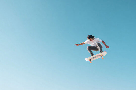 Dynamic action shot of a skateboarder midair against a bright, clear blue sky. Captures freedom, youth, and athleticism. Ideal for sports, lifestyle, and youthfocused campaigns.