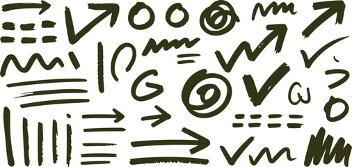 hand drawn arrows doodle sketch set with circles lines and check marks isolated vector elements for design and notes