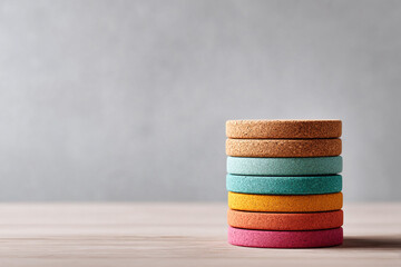 Colorful stack of textured discs on a minimalist surface against a neutral background. Concept for balance, layers, or creativity. Ideal for backgrounds and product mockups.