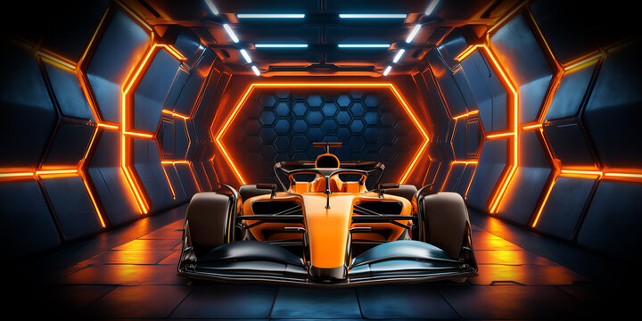 A sleek racing car in bright orange stands prominently in a modern, illuminated space with hexagonal designs. The futuristic setting enhances the car's sharp lines and aggressive stance