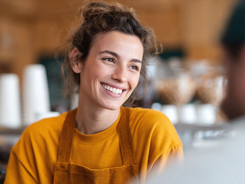 Warm, inviting image of a smiling woman in an apron. Represents hospitality, customer service, small business,  positive interaction. Perfect for websites and ads. - Powered by Adobe