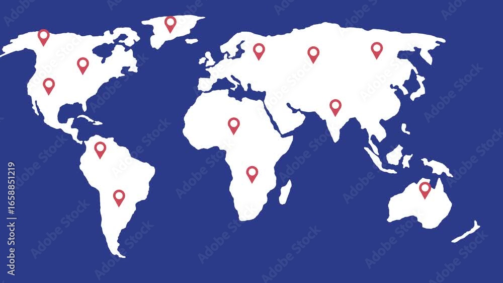 Poster World map travel route location animation. World globe map pin location animation, world map pin pointer location animated. World map and Location concept. 4k video