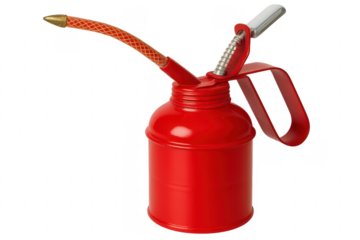 Red metal oiler delivering lubricant on transparent background