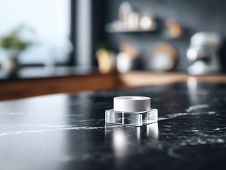 Minimalist still life on a sleek surface, showcasing a roll of tape on a glass dispenser. Perfect for themes of simplicity, organization, and modern living. Use for blogs or design projects.