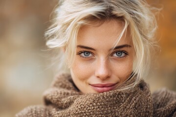Outdoor close up portrait of a cheerful young blonde woman with blank space in a seasonal setting