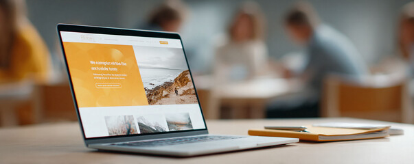 Open laptop on desk displays modern website, suggesting collaboration and creativity. Ideal for illustrating remote work, digital marketing, or design projects.
