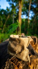 Young sprout in burlap sack on log