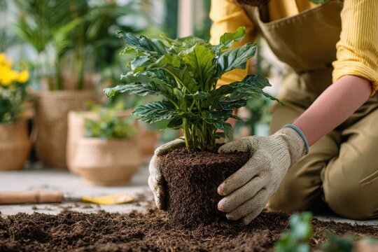 Transplanting a houseplant into a pot woman caring for it