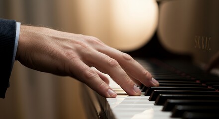 Fototapeta premium A hand in a suit rests on piano keys part of a piano visible creating a focused closeup