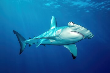 Naklejka premium Great hammerhead shark in blue tropical waters.