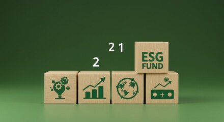 Wooden blocks with ESG fund text and icons on a green background