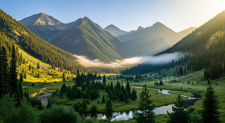 A serene and breathtaking panoramic landscape of a lush mountain valley at sunrise. The soft, golden light illuminates the towering peaks and the dense evergreen forests on the slopes
