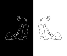 lineart style illustration of Construction worker holding a shovel in high contrasts card  