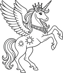 Unicorn elements drawing coloring page illustration line art,