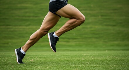 Closeup of muscular legs midrun on green grass