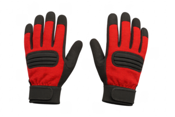 Red and black work gloves protecting hands on transparent background