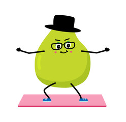 Cute strong pear character meditate in yoga pose. Cartoon pearn gym, health, fitness yoga meditate concept. isolated clipart. Vector illustration .