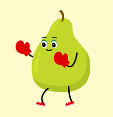 Cute pear character makes fighting in boxing gloves.  pear are engaged in boxing sports. Cartoon avocado symbols, isolated clipart. Vector illustration .