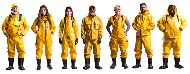 Set collection of various diverse fisher fishing worker people. male female woman and man in protective yellow rain rubber working clothes or wear isolated whie  background