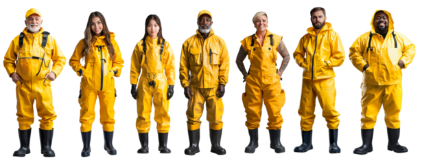 Set collection of various diverse fisher fishing worker people. male female woman and man in protective yellow rain rubber working clothes or wear isolated whie  background