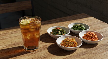 Iced tea sits beside four bowls of assorted pickled vegetables on a wooden table in daylight