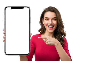 Young woman hand holding mobile phone mockup, excited happy girl pointing at blank smartphone screen, female hand model presenting empty display, isolated on white background PNG,
