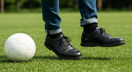 Fototapeta premium Person in jeans and dress shoes about to kick a soccer ball on a grass field