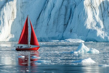 
Little red sailboat cruising among floating icebergs in Disko Bay glacier during midnight sun season of polar summer. Ilulissat, Greenland.