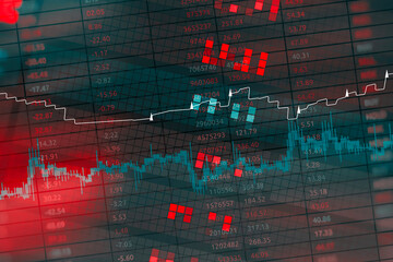 Abstract financial background with digital stock exchange data, trading charts, candlestick patterns, and futuristic technology interface. Concept market volatility, cryptocurrency trading and forex.