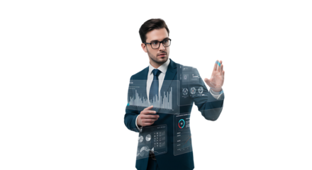 Businessman using virtual screen with data analytics and digital interface on isolated background