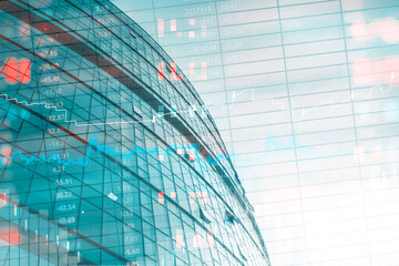 Double exposure of a modern office building with digital stock market data, trading charts, and financial analytics. Abstract background with business skyscraper, candlestick and rising graphs.