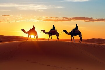 Moroccan cameleers (camel driver) bedouin with camel silhouettes in sand dunes of Merzouas desert. Caravan in Sahara desert travel tourism background safari adventure. Sahara desert of Morocco.