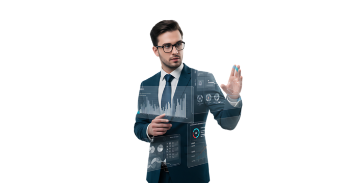Businessman using virtual screen with data analytics and digital interface on isolated background