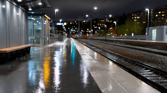 A rainy train platform at night with colorful reflections on the wet ground, creating a captivating and serene atmosphere, perfect for moments of waiting and introspection.