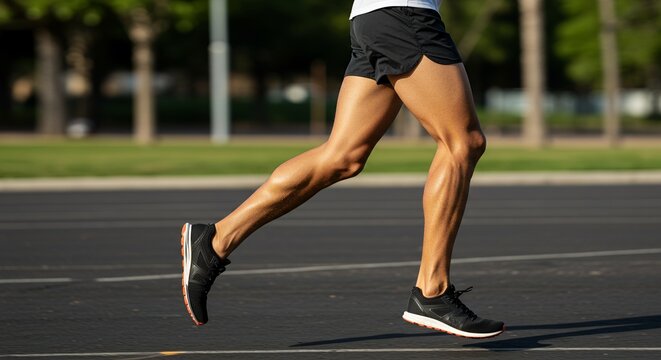 Running legs on track black shorts athletic build black running shoes with orange trim blurred green background