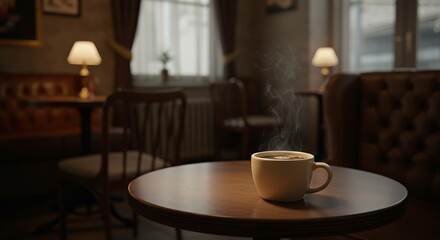 Obraz premium Steaming coffee in a mug on a round wooden table with cozy cafe setting blurred in the background