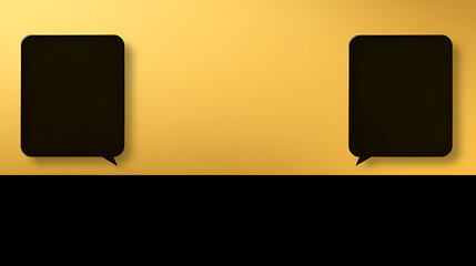 Gold and Black Neomorphism banner template with rectangular dialogue bubbles. Vector dark message frame in convex neomorph style and golden background for social post design.