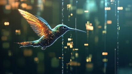 Digital hummingbird with glowing orange and green lights flying technology photo