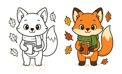 Cute fox with autumn leaves and books in color and outline