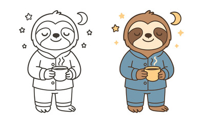 Fototapeta premium Adorable sloth enjoying a cup of coffee in pajamas with stars and moon