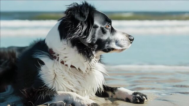 A shaggy wet canine with droopy ears and eyes, looking out to sea at low tide.