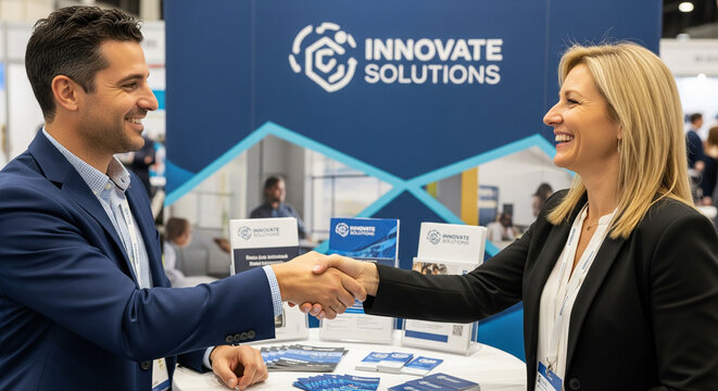 A man and a woman are shaking hands and smiling warmly at a professional trade show or business convention. They are standing at a booth for "Innovate Solutions," which is visible on the backdrop - Powered by Adobe
