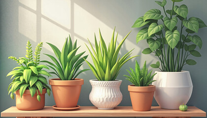 Obraz premium Potted plants on wooden shelf in sunlit room 