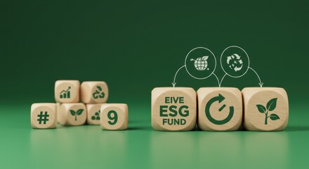 Wooden cubes with ESG icons and text on a green background
