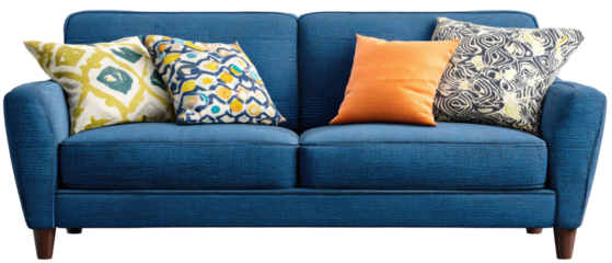 A deep teal blue sofa with patterned throw pillows (1)