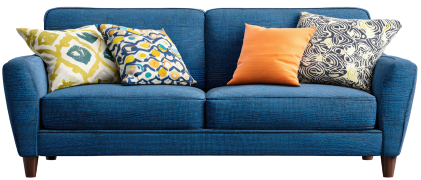 A deep teal blue sofa with patterned throw pillows (1)