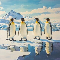 Fototapeta premium Four Emperor Penguins in Snowy Antarctic Landscape with Mountains antarctica iceberg photo