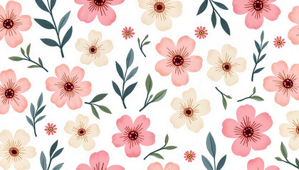 Floral pattern with pink and beige flowers on white background
